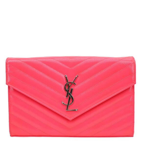 Yves Saint Laurent  Grain De Poudre Chevron Leather Wallet On Chain Neon Pink - Picture 3 of 16